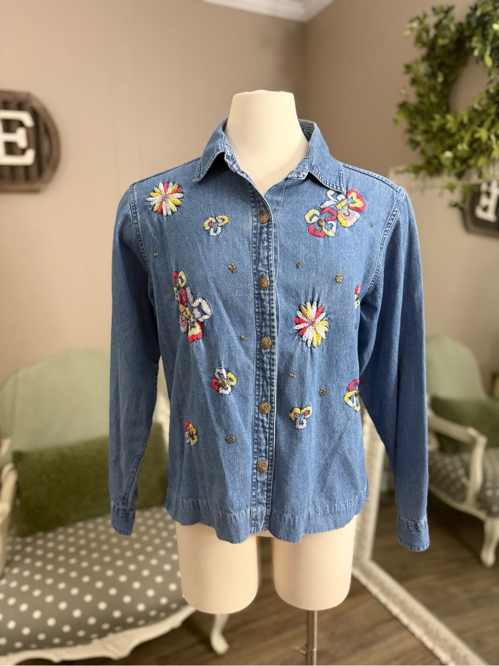 VTG Tantrums Floral Embroidered Denim Shirt